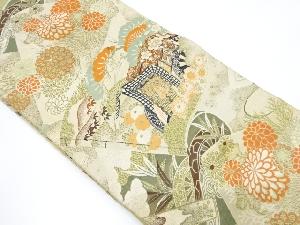 アンティーク　読み本に御所車・菊模様織り出し丸帯（材料）